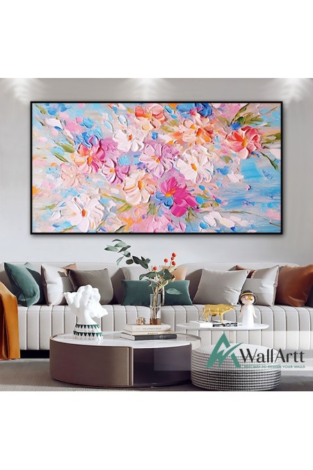 Pink Blue Flowers 3d Heavy Textured Partial Oil Painting